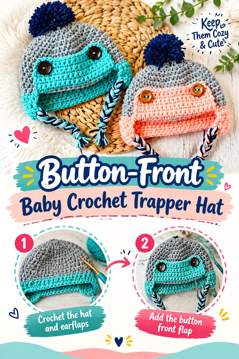 Button Front Baby Crochet Trapper Hat