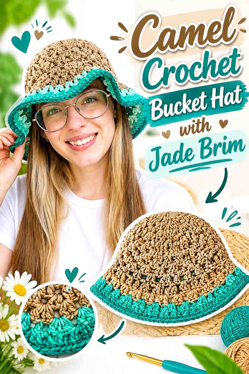 8. Camel Crochet Bucket Hat With Jade Brim