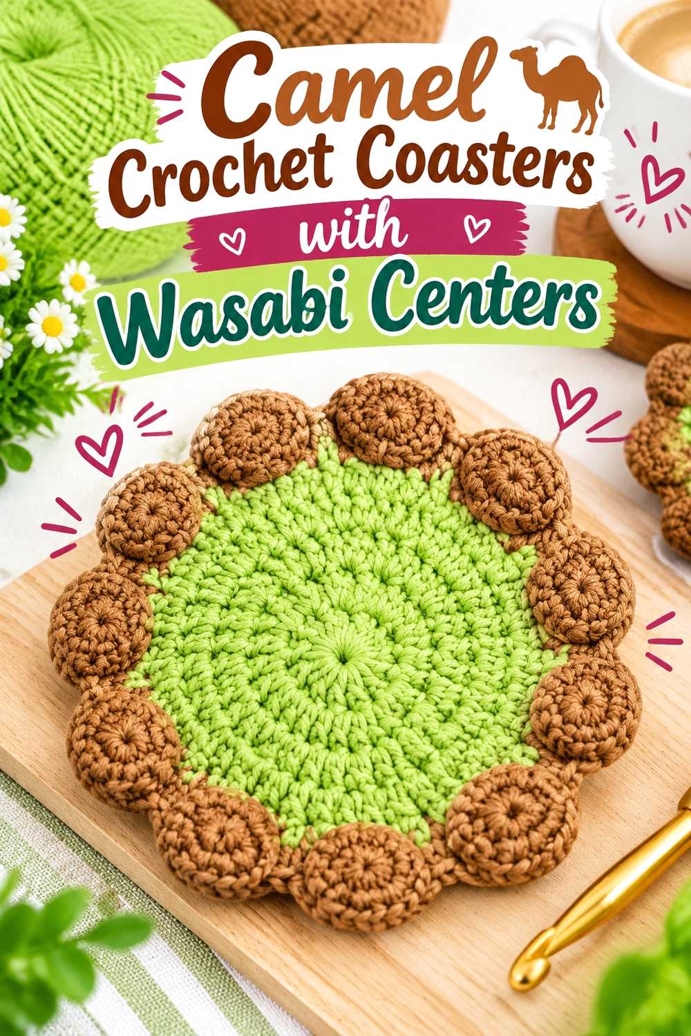 5. Camel Crochet Coasters With Wasabi Centers