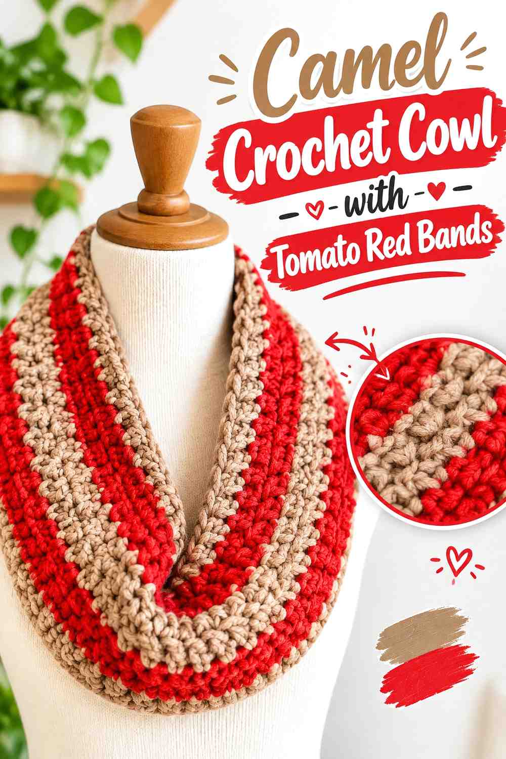 14. Camel Crochet Cowl With Tomato Red Bands
