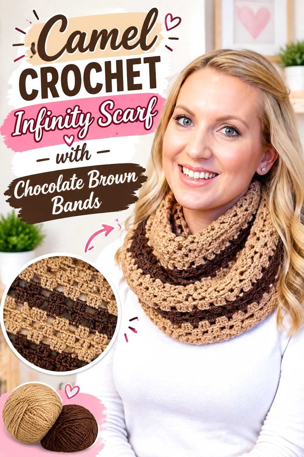 10. Camel Crochet Infinity Scarf With Chocolate Brown Bands