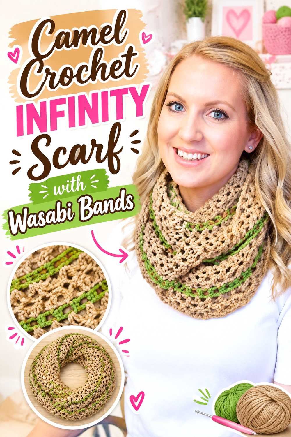 9. Camel Crochet Infinity Scarf With Wasabi Bands
