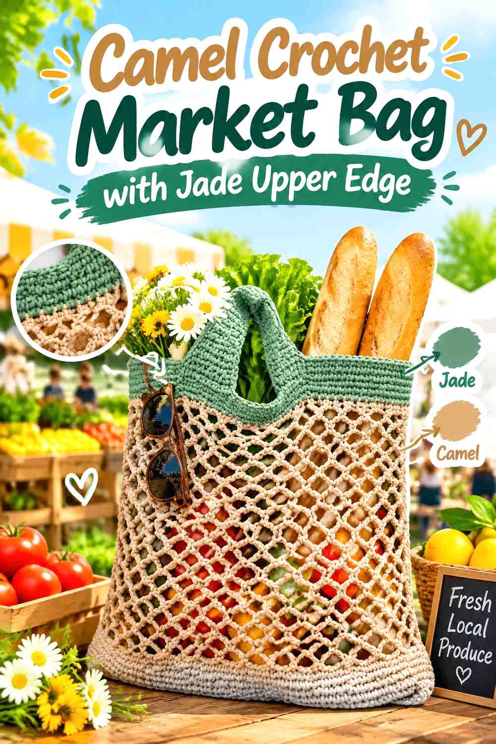 14. Camel Crochet Market Bag With Jade Upper Edge