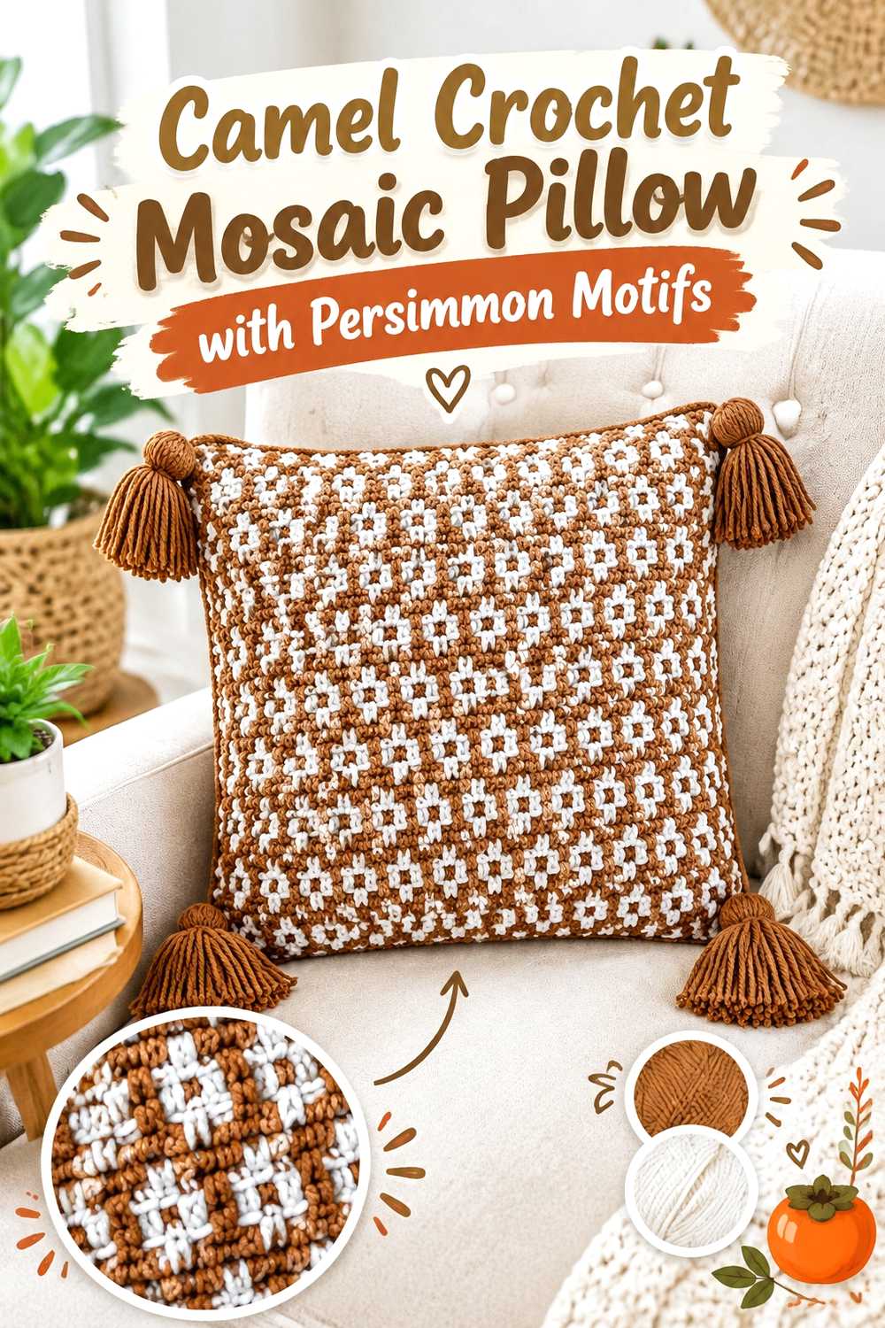 12. Camel Crochet Mosaic Pillow With Persimmon Motifs