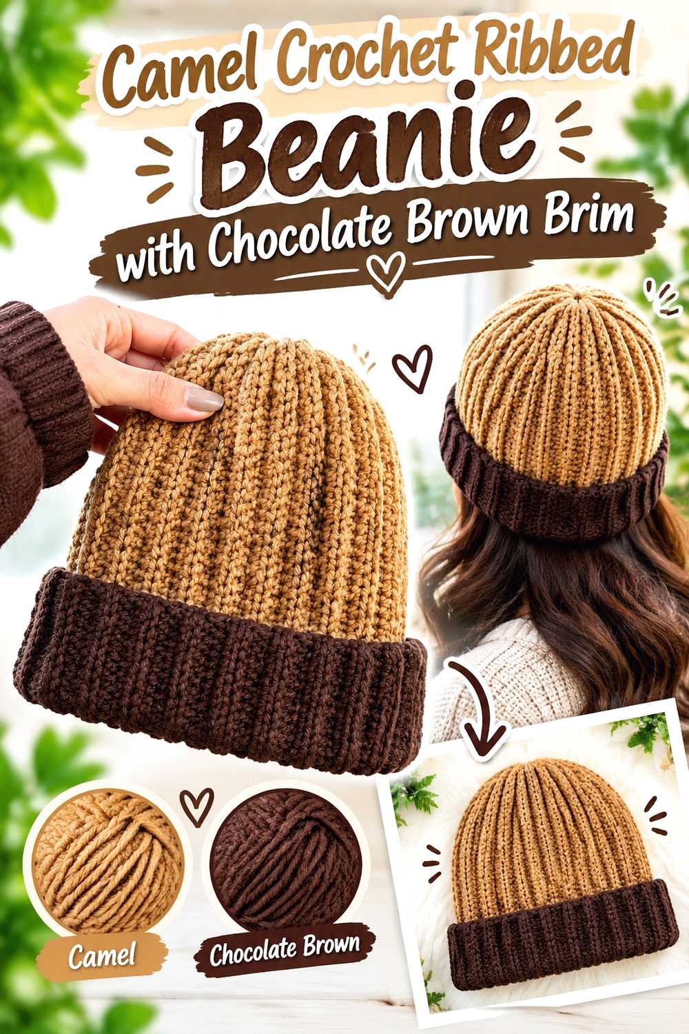 2. Camel Crochet Ribbed Beanie With Chocolate Brown Brim