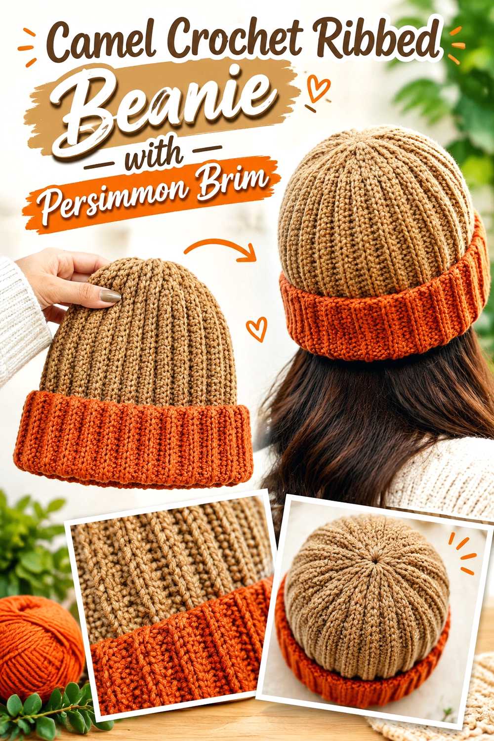 2. Camel Crochet Ribbed Beanie With Persimmon Brim