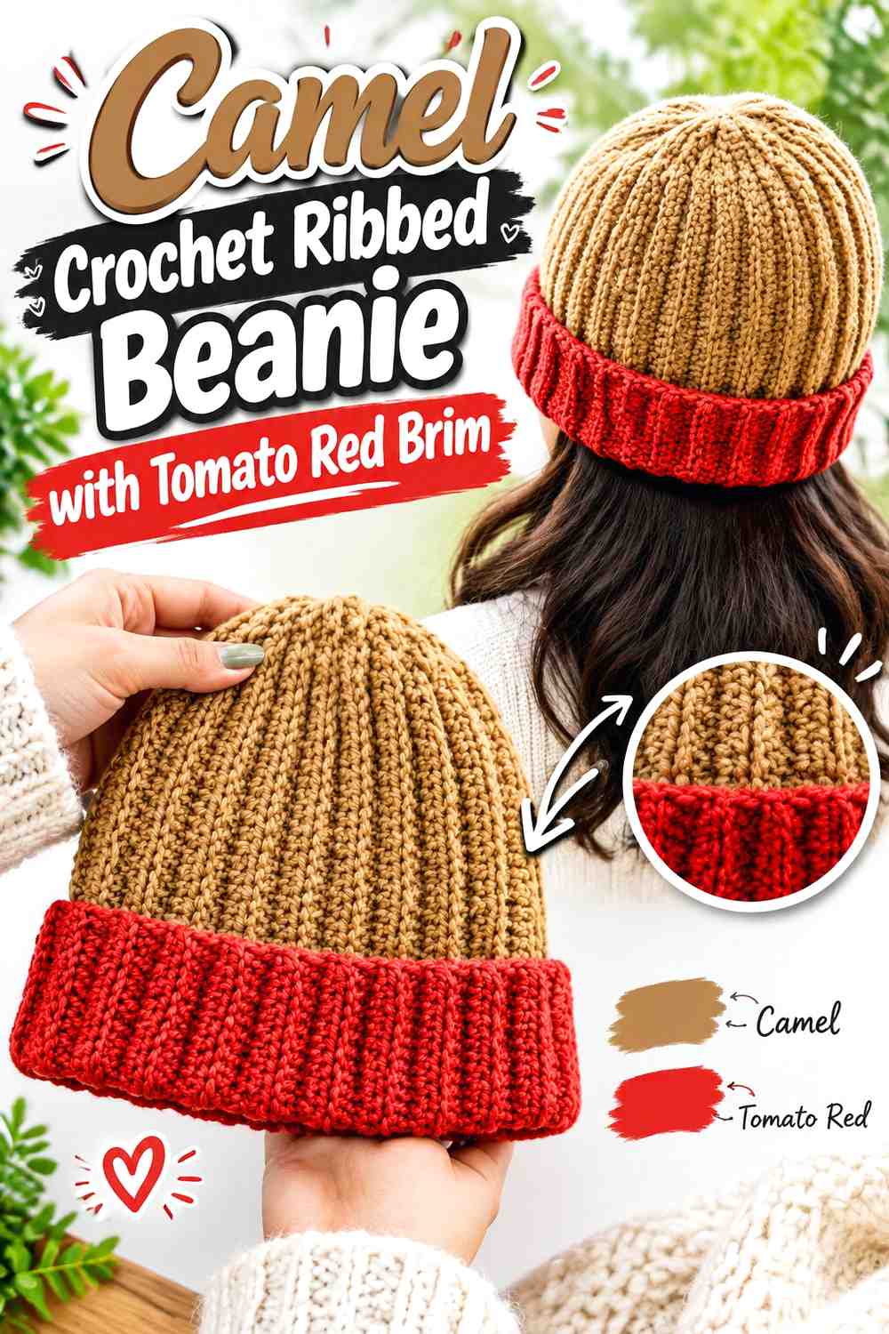 6. Camel Crochet Ribbed Beanie With Tomato Red Brim