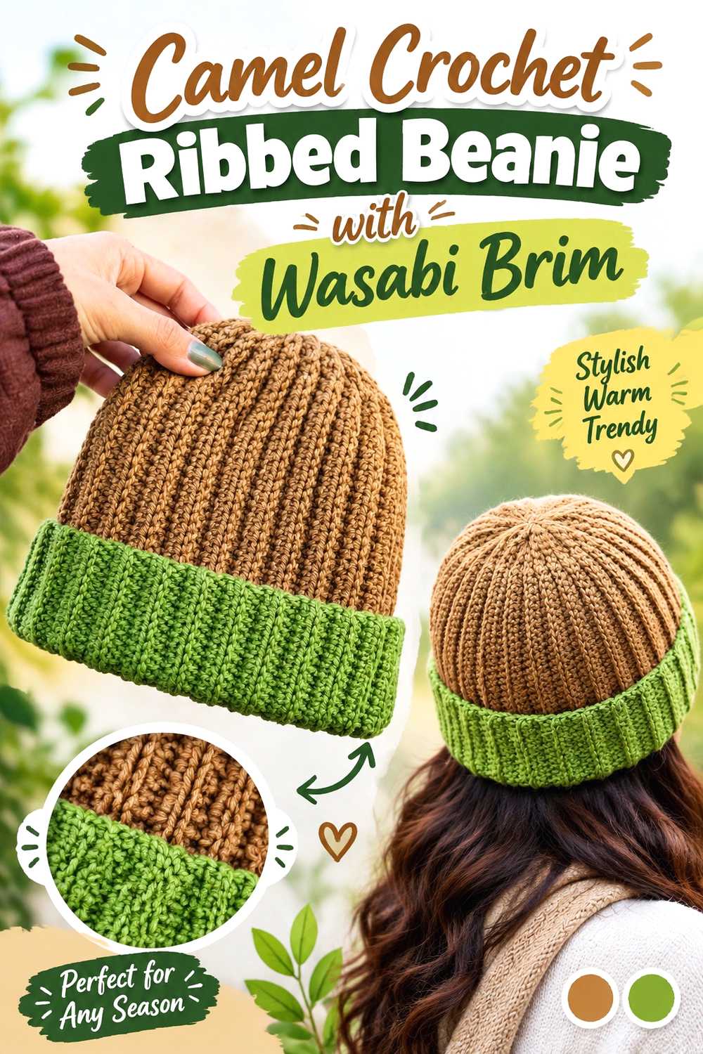 2. Camel Crochet Ribbed Beanie With Wasabi Brim