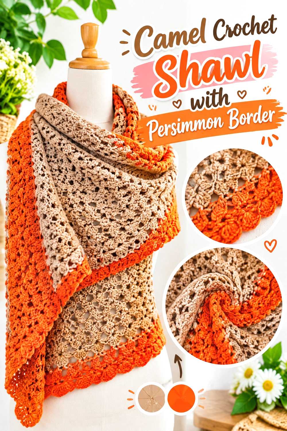 6. Camel Crochet Shawl With Persimmon Border
