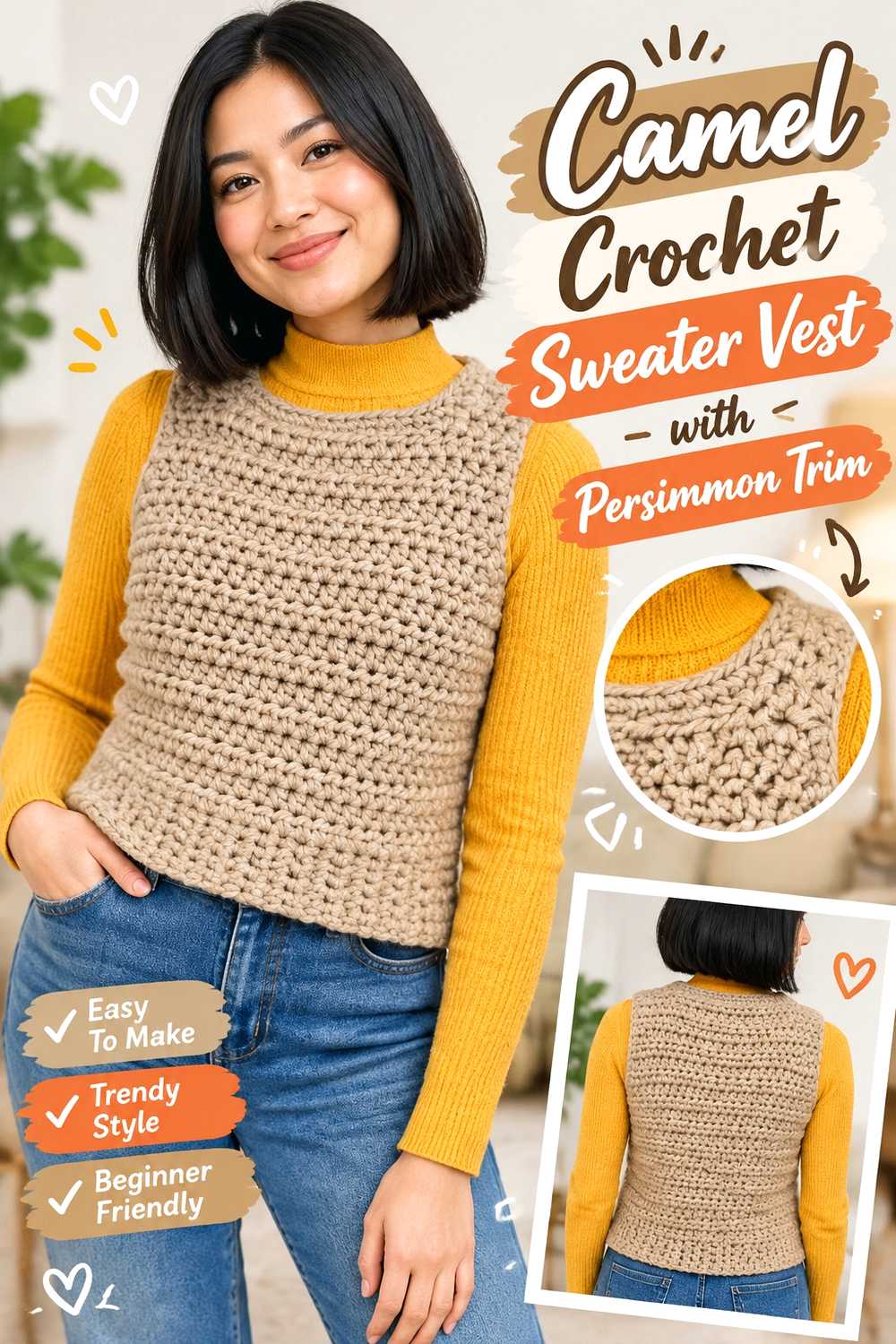 9. Camel Crochet Sweater Vest With Persimmon Trim