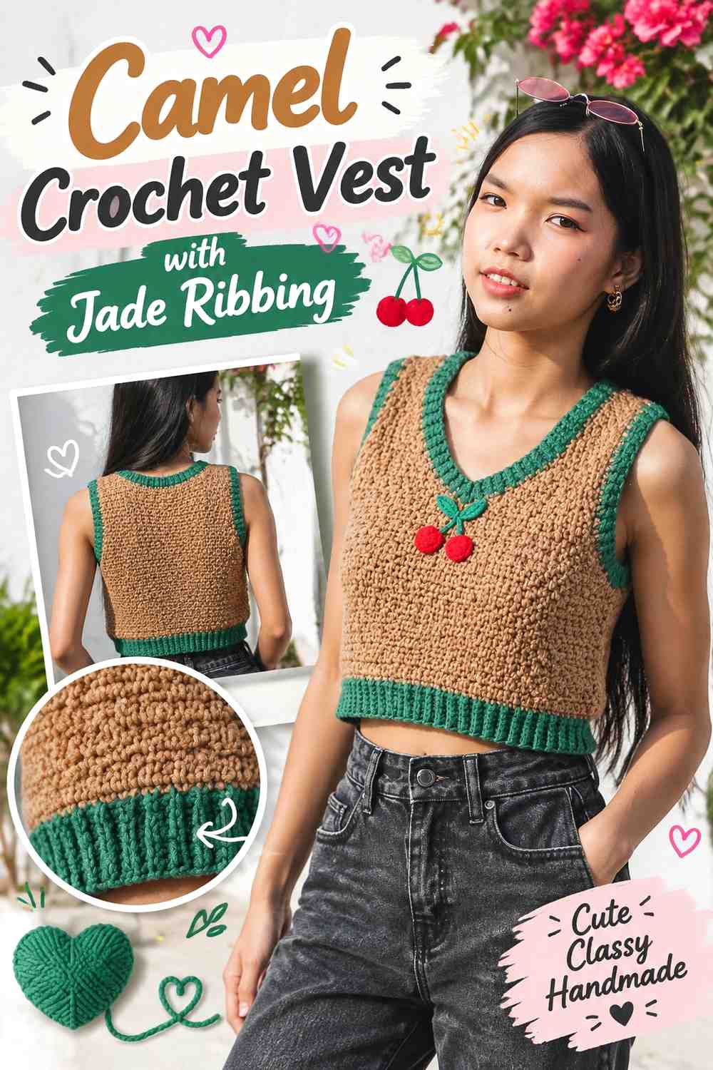 10. Camel Crochet Vest With Jade Ribbing