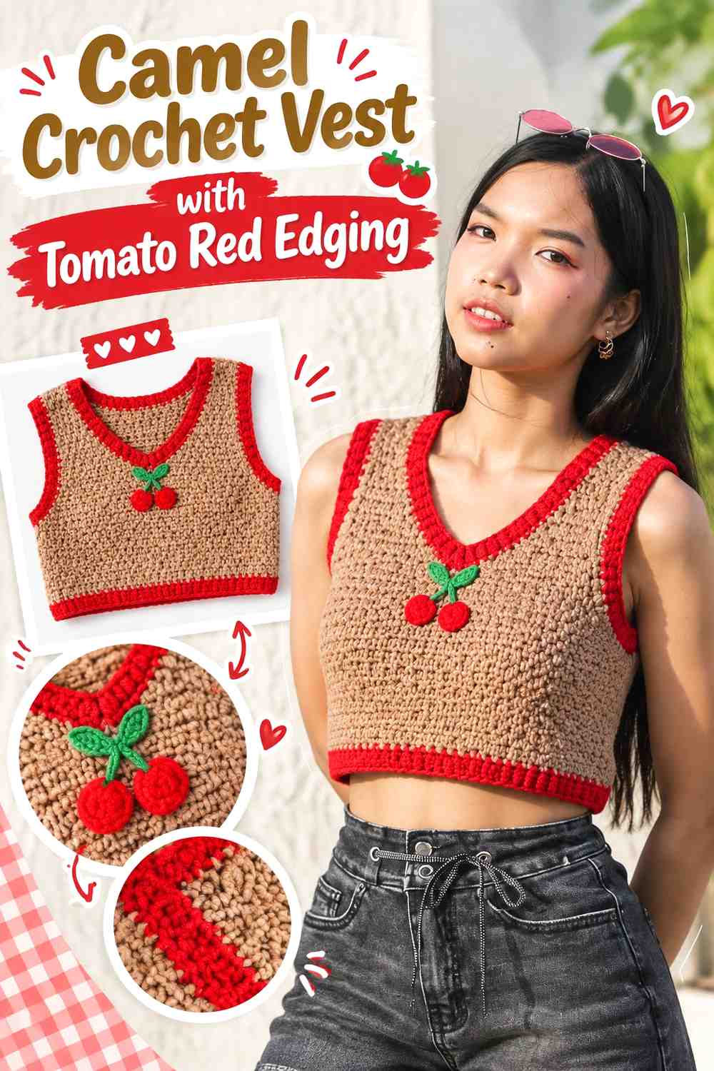 8. Camel Crochet Vest With Tomato Red Edging