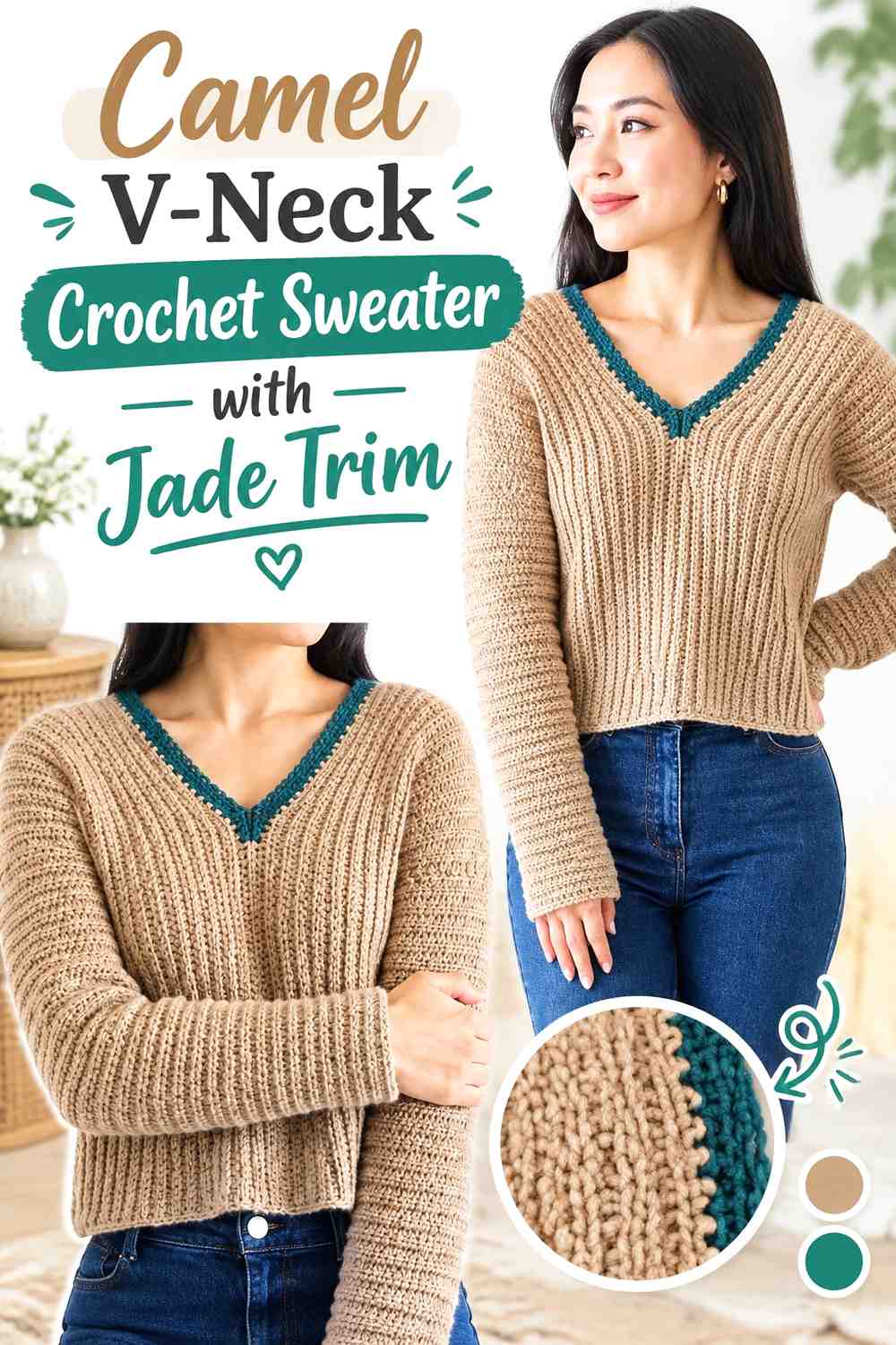 5. Camel V Neck Crochet Sweater With Jade Trim