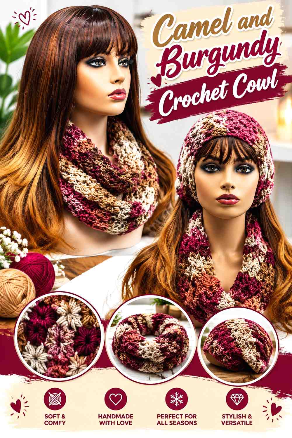 12. Camel And Burgundy Crochet Cowl