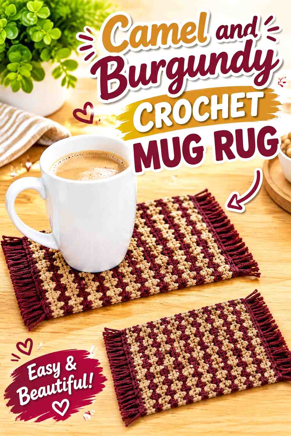 14. Camel And Burgundy Crochet Mug Rug