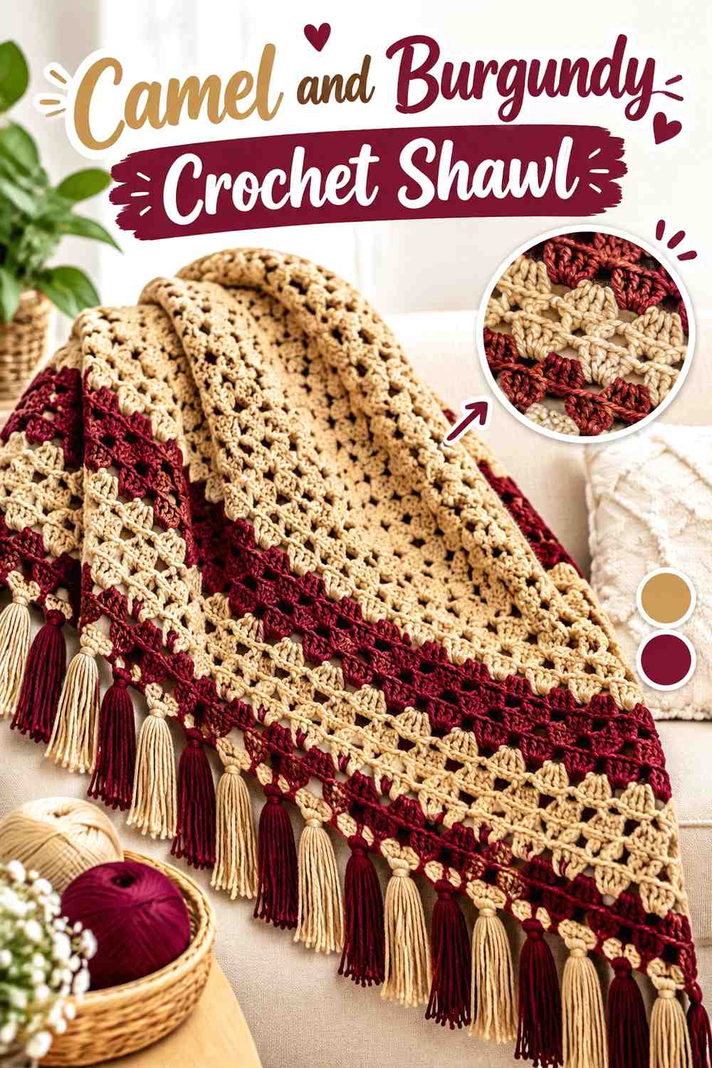 8. Camel And Burgundy Crochet Shawl
