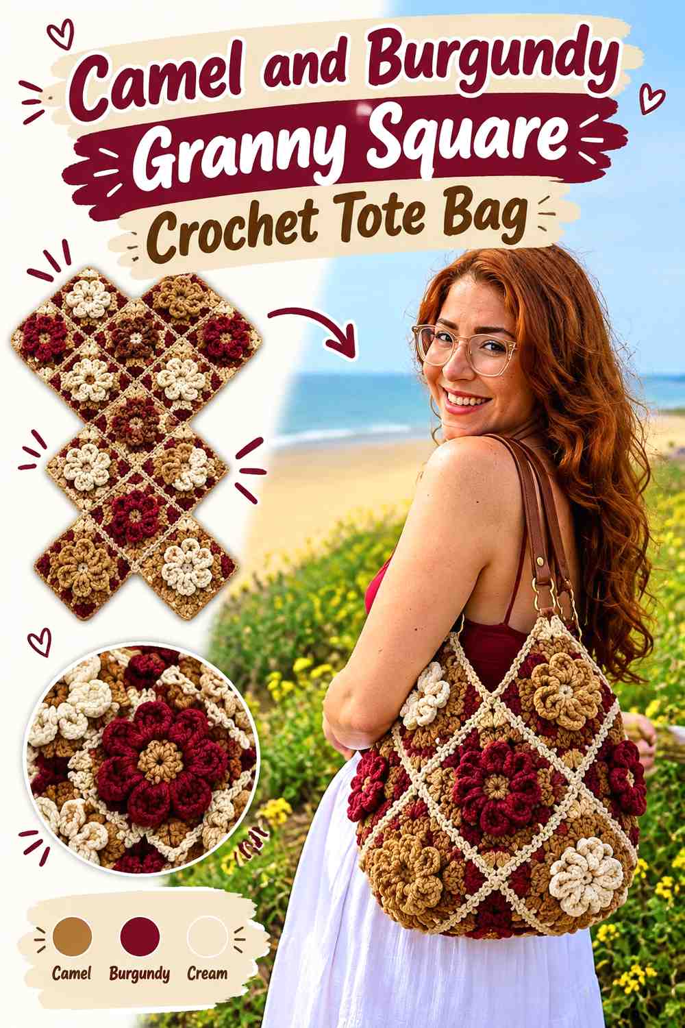3. Camel And Burgundy Granny Square Crochet Tote Bag