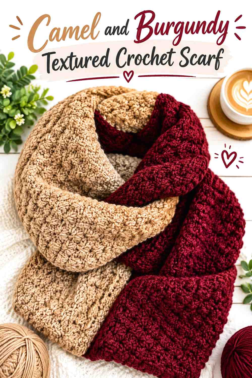 10. Camel And Burgundy Textured Crochet Scarf