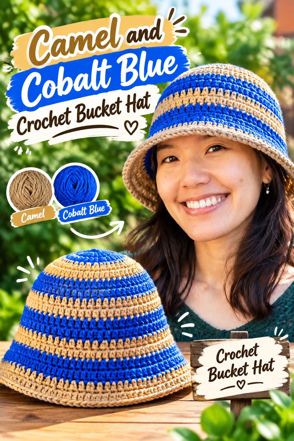 7. Camel And Cobalt Blue Crochet Bucket Hat