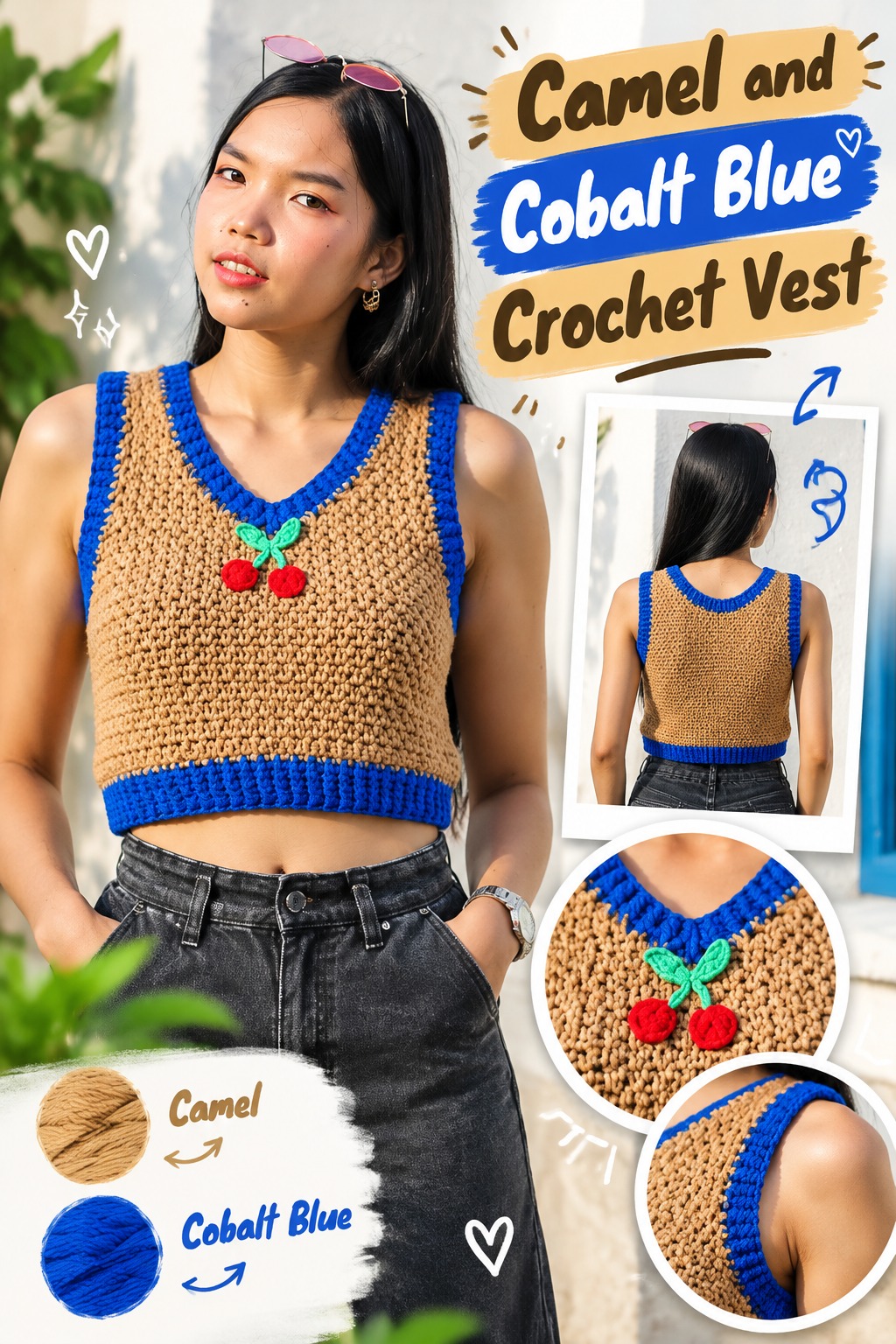 8. Camel And Cobalt Blue Crochet Vest