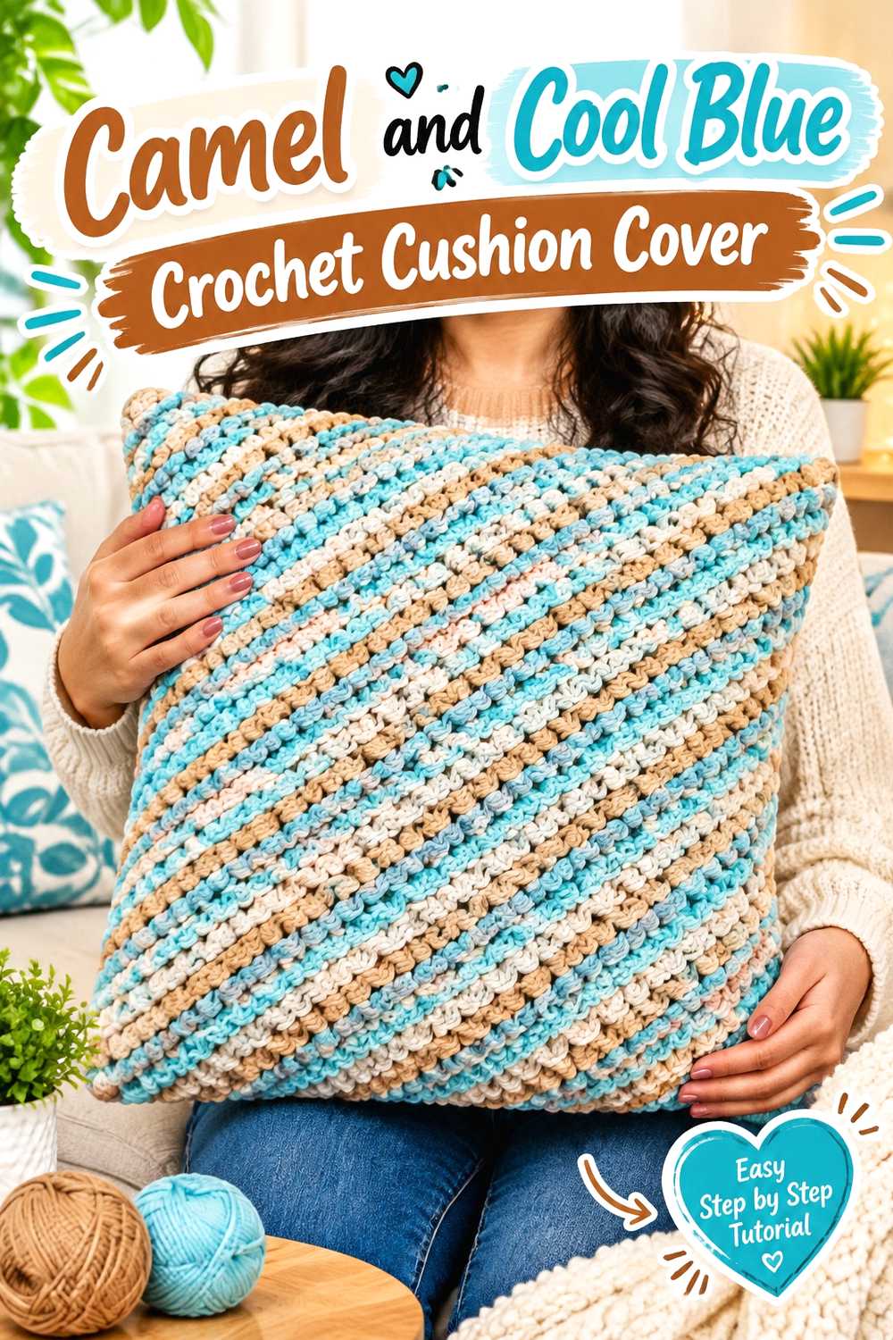 8. Camel And Cool Blue Crochet Cushion Cover