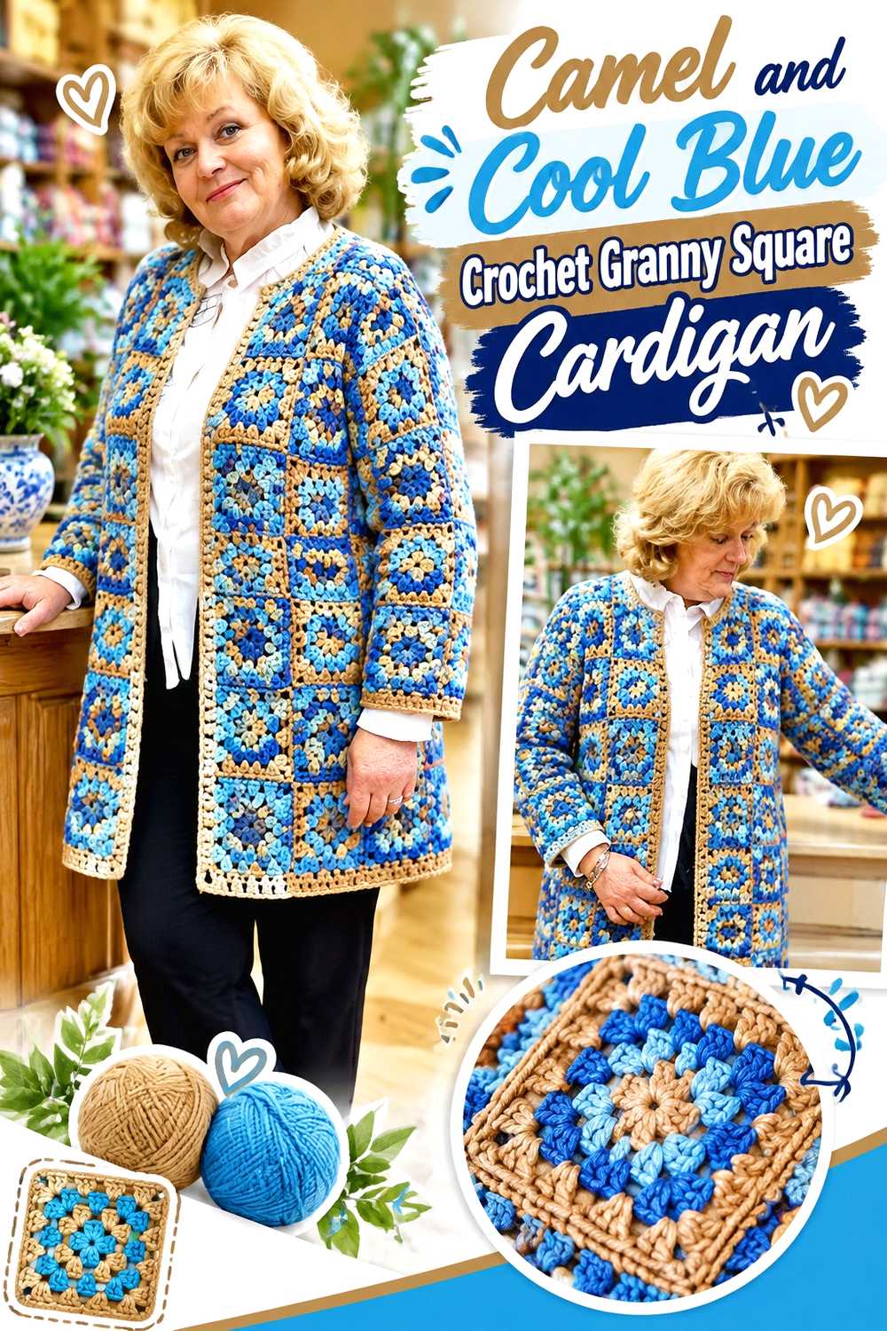 2. Camel And Cool Blue Crochet Granny Square Cardigan