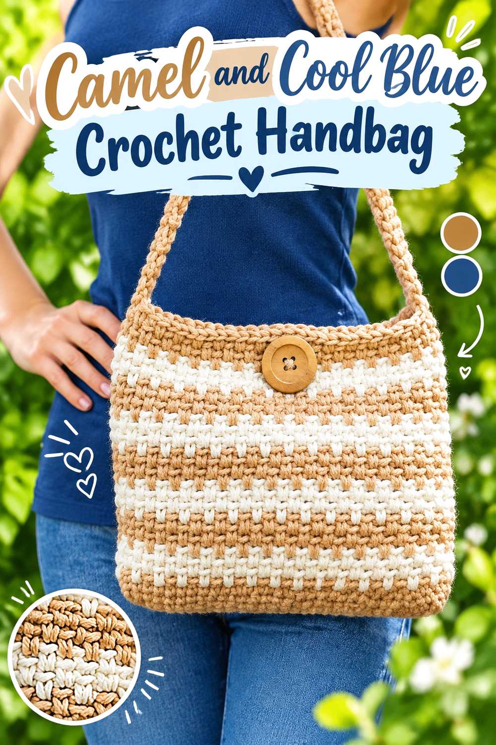 14. Camel And Cool Blue Crochet Handbag