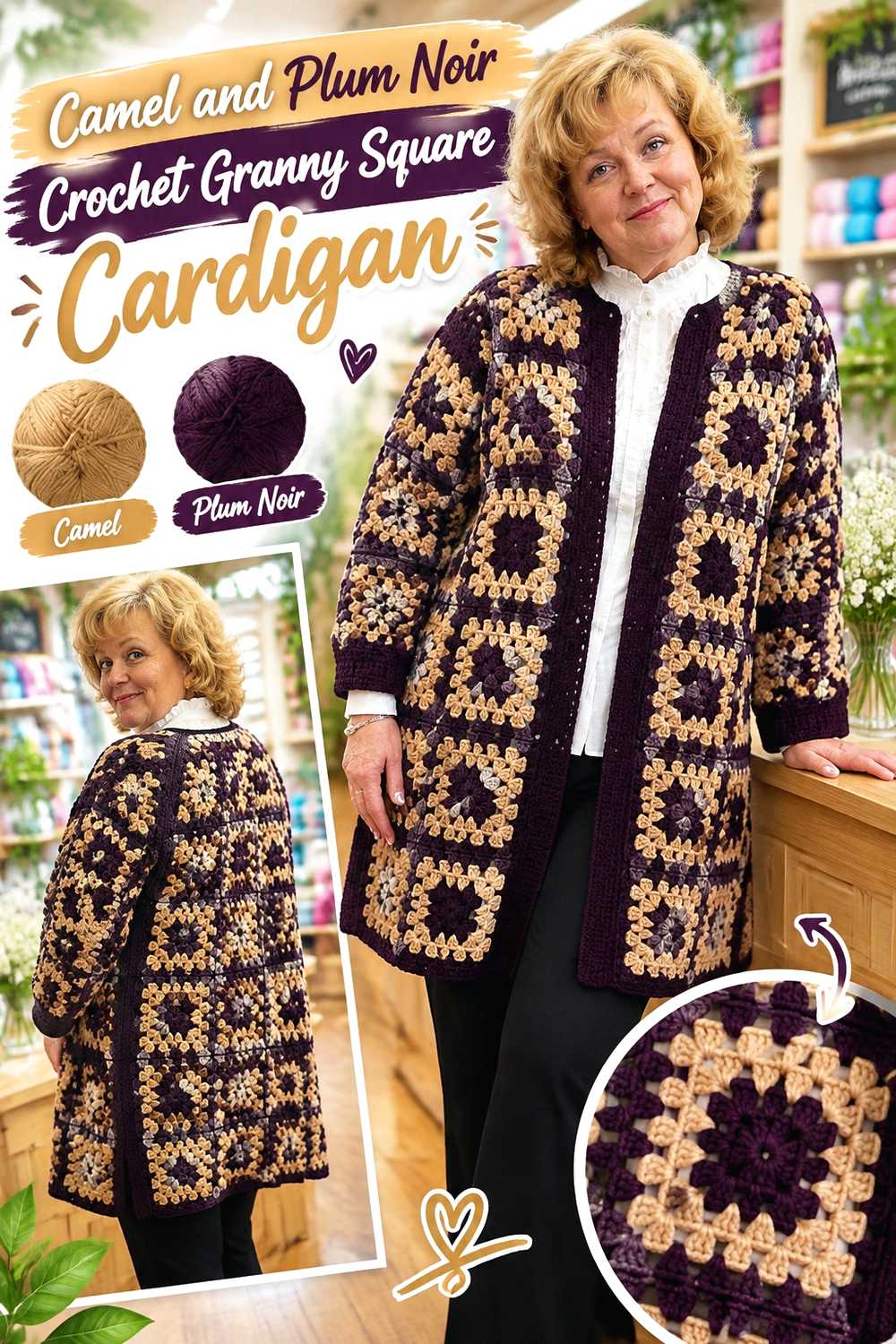 2. Camel And Plum Noir Crochet Granny Square Cardigan