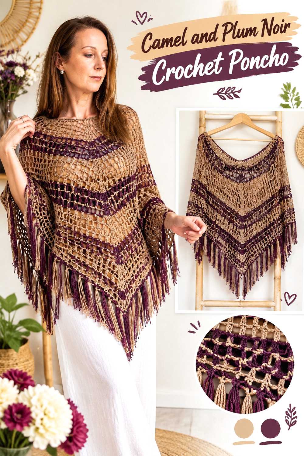 5. Camel And Plum Noir Crochet Poncho