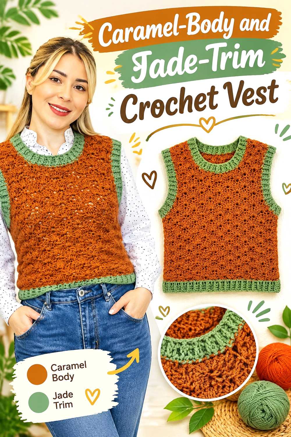3. Caramel Body And Jade Trim Crochet Vest