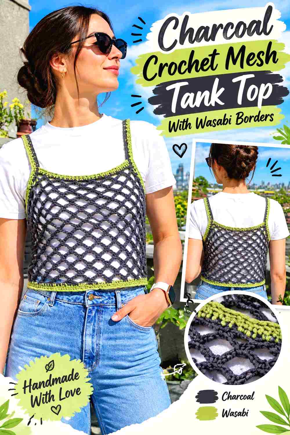 2. Charcoal Crochet Mesh Tank Top With Wasabi Borders