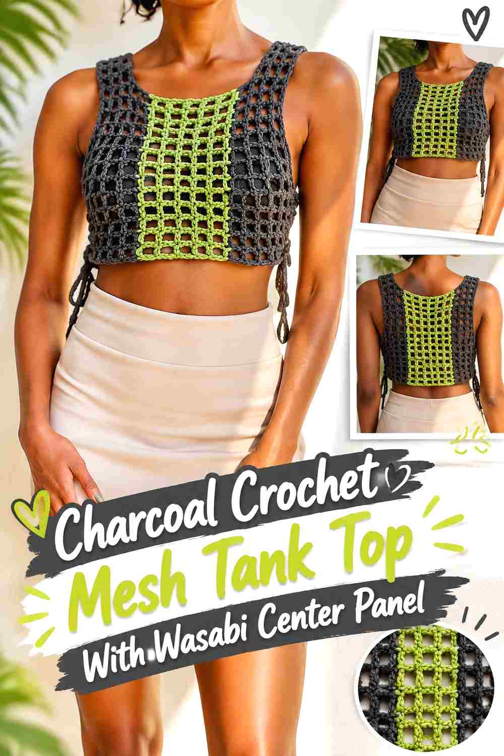 12. Charcoal Crochet Mesh Tank Top With Wasabi Center Panel