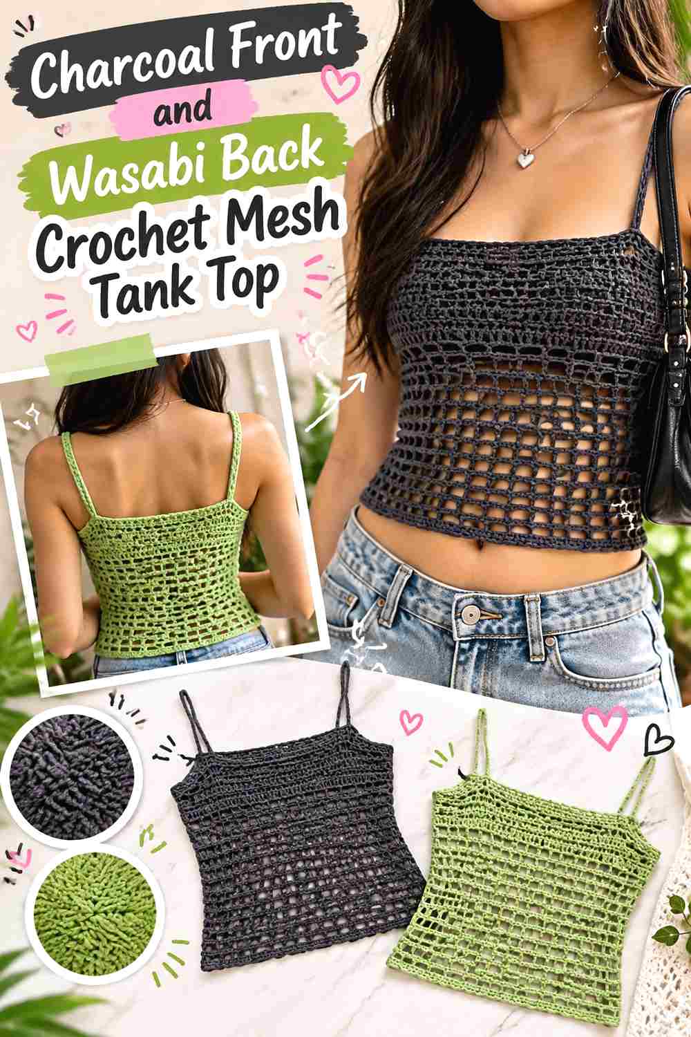 10. Charcoal Front And Wasabi Back Crochet Mesh Tank Top
