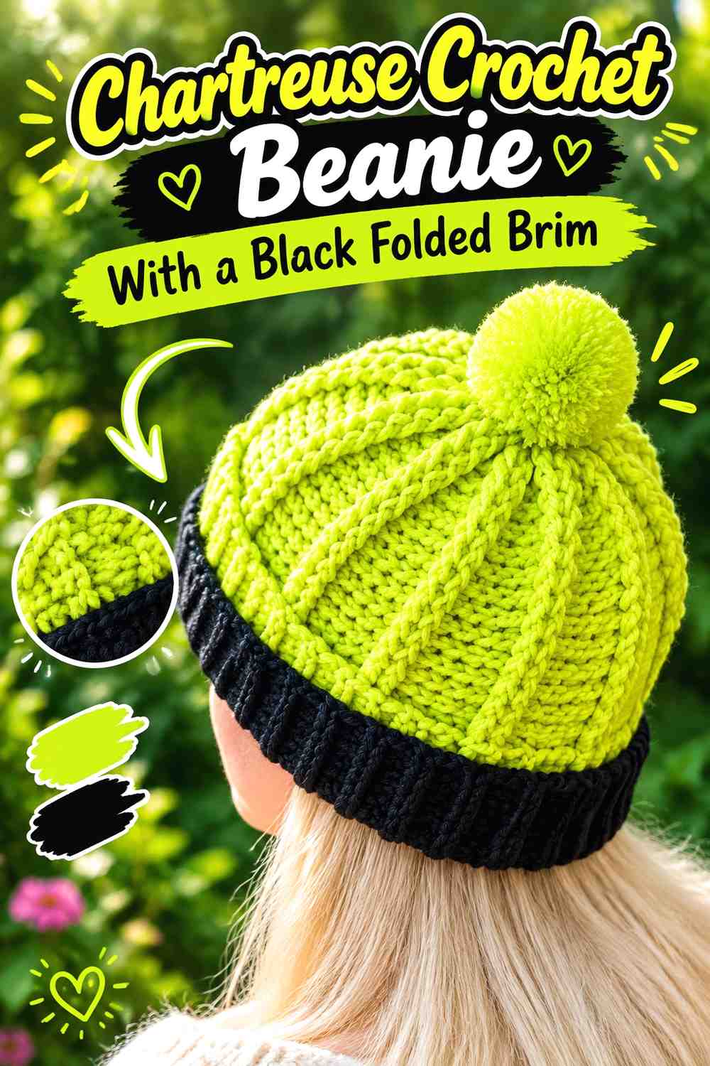 7. Chartreuse Crochet Beanie With A Black Folded Brim