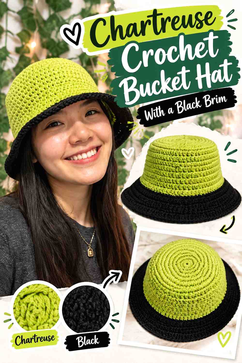 3. Chartreuse Crochet Bucket Hat With A Black Brim