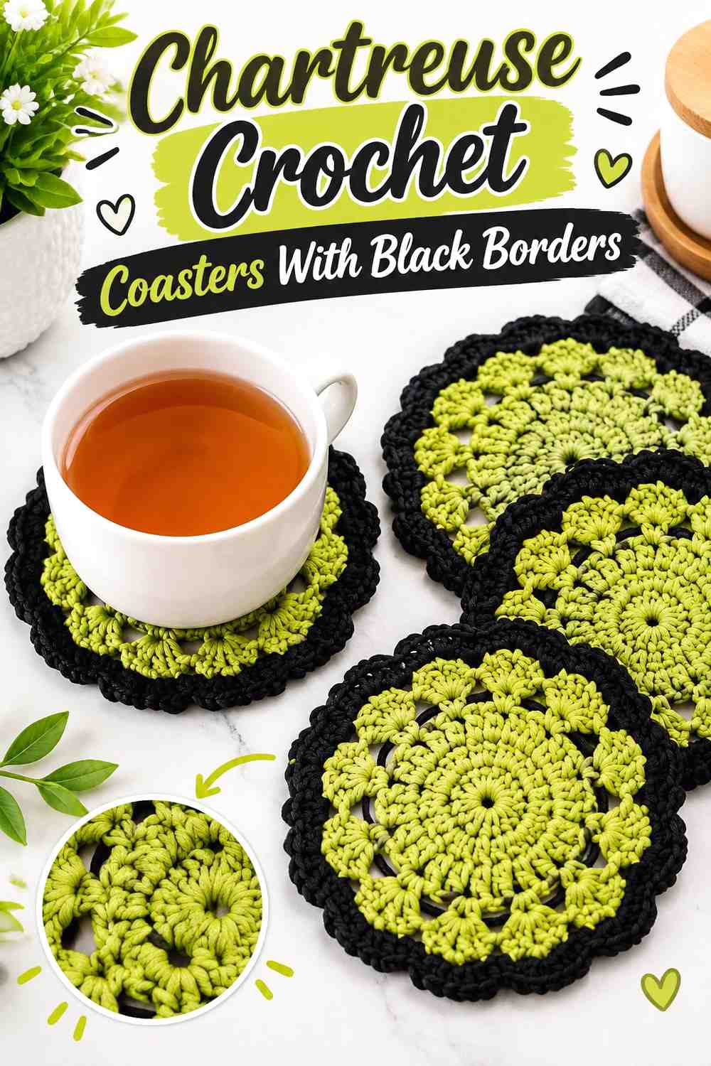 11. Chartreuse Crochet Coasters With Black Borders