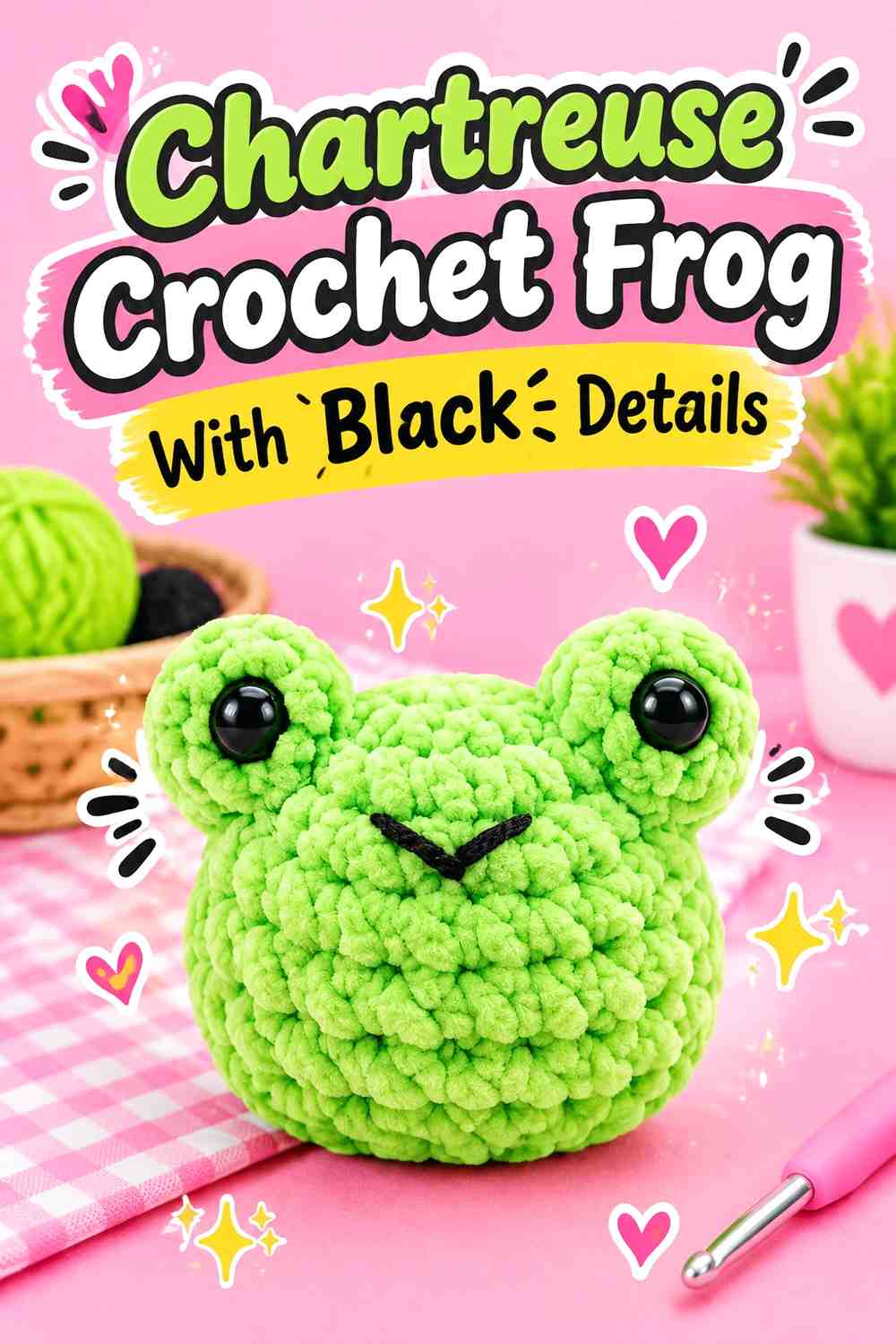 10. Chartreuse Crochet Frog With Black Details