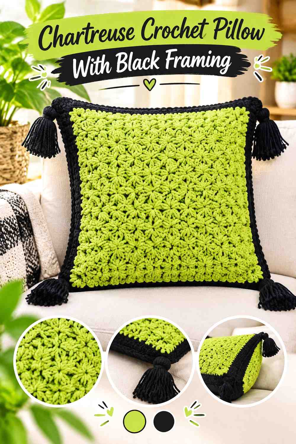 5. Chartreuse Crochet Pillow With Black Framing