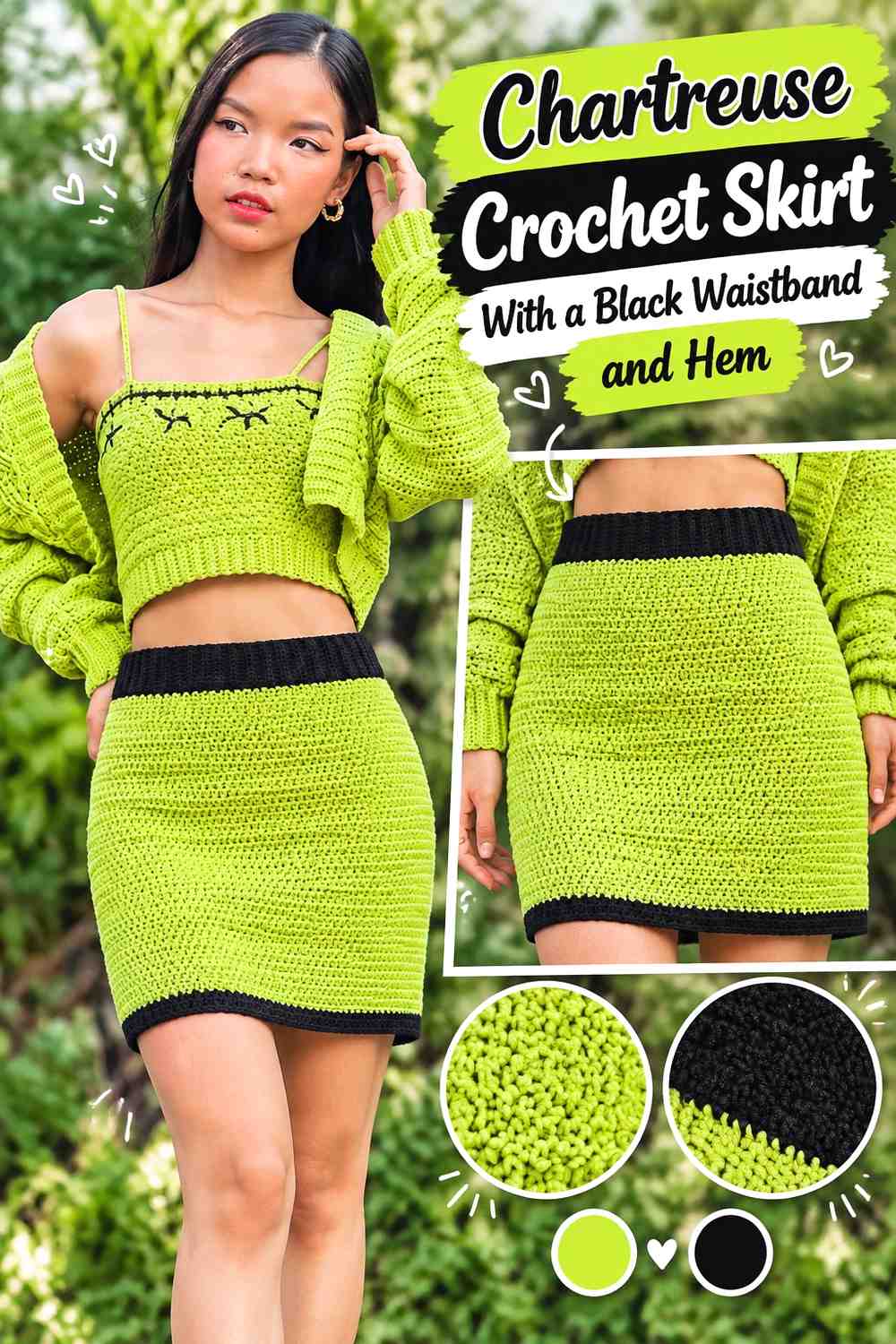 13. Chartreuse Crochet Skirt With A Black Waistband And Hem