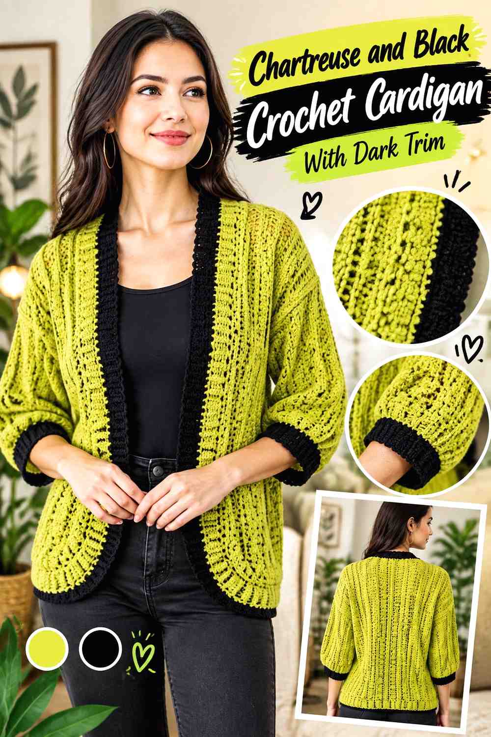 1. Chartreuse And Black Crochet Cardigan With Dark Trim