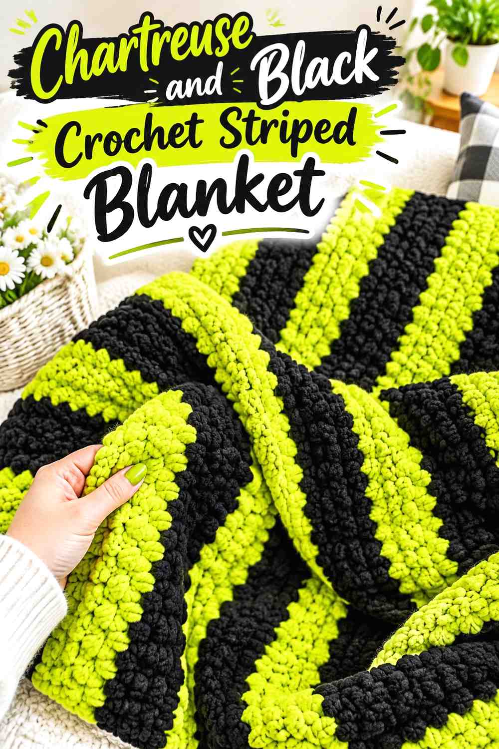 4. Chartreuse And Black Crochet Striped Blanket