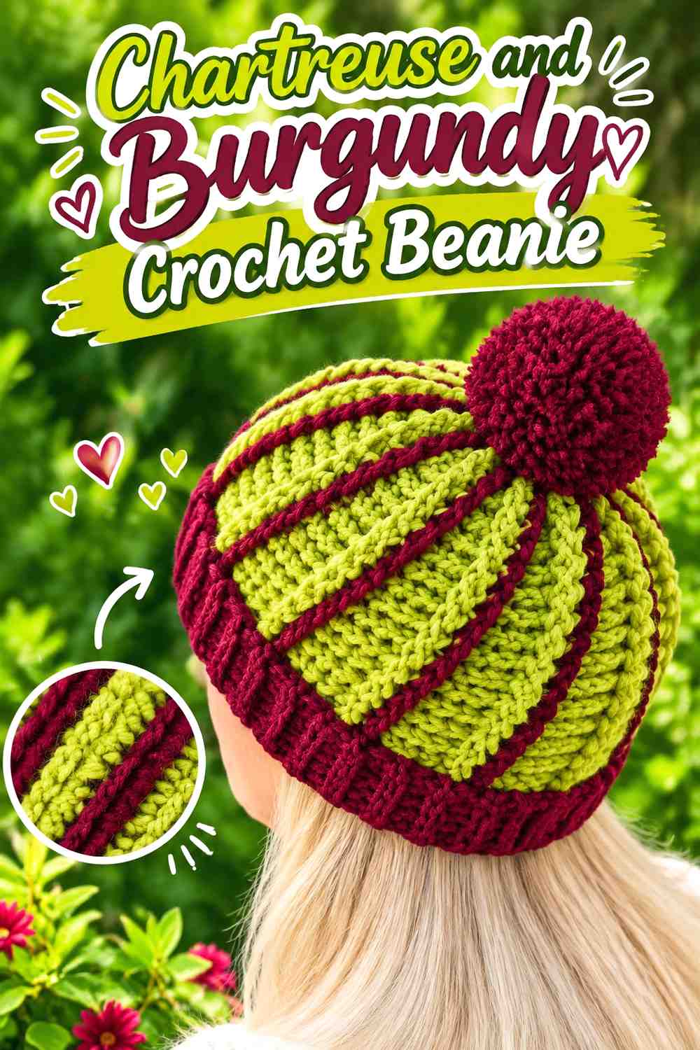 7. Chartreuse And Burgundy Crochet Beanie