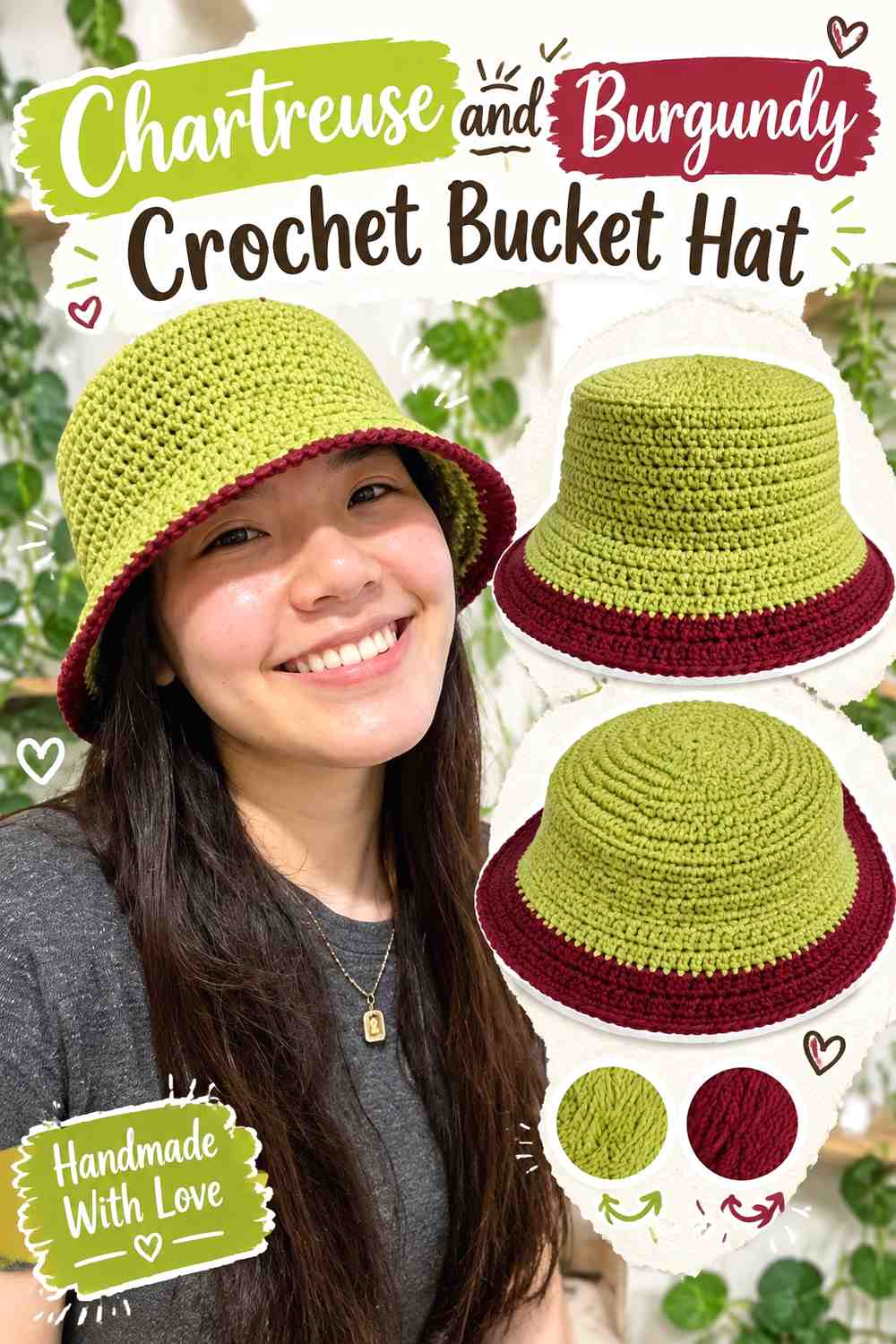 3. Chartreuse And Burgundy Crochet Bucket Hat