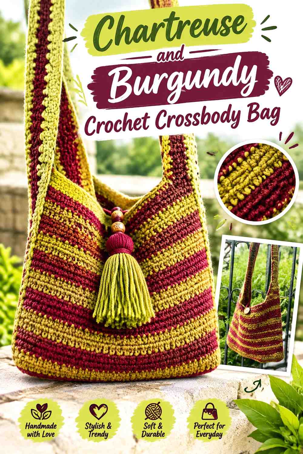 10. Chartreuse And Burgundy Crochet Crossbody Bag