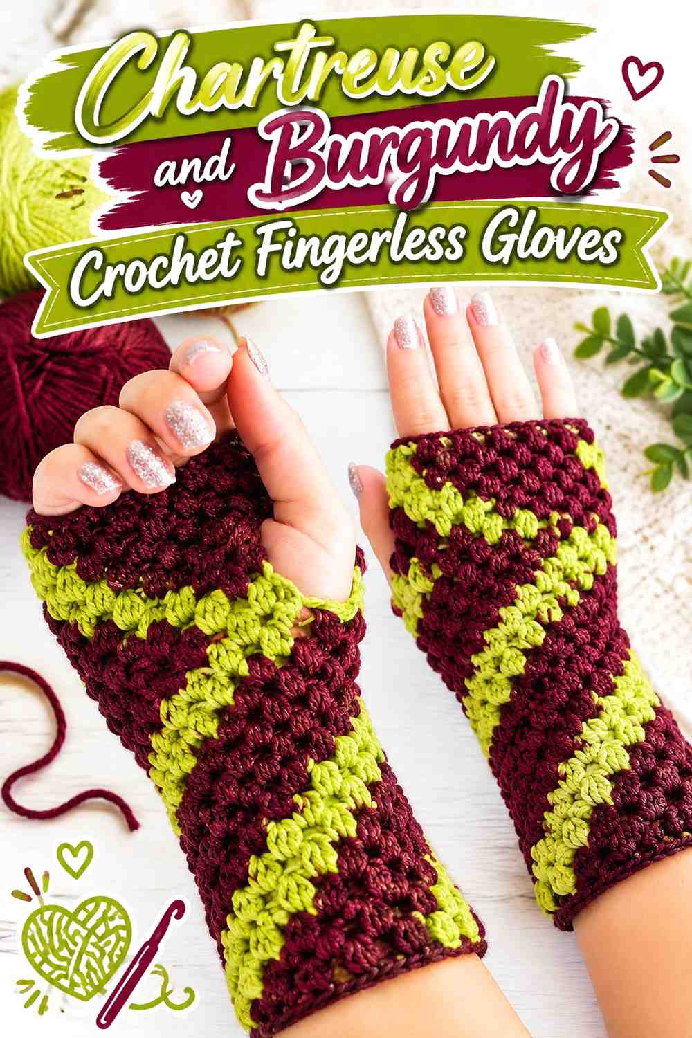 16. Chartreuse And Burgundy Crochet Fingerless Gloves
