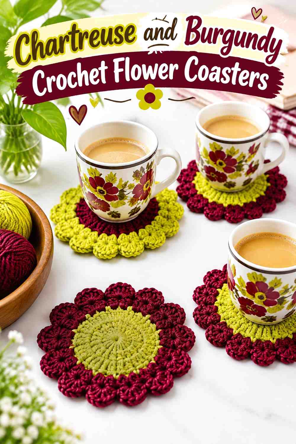 12. Chartreuse And Burgundy Crochet Flower Coasters