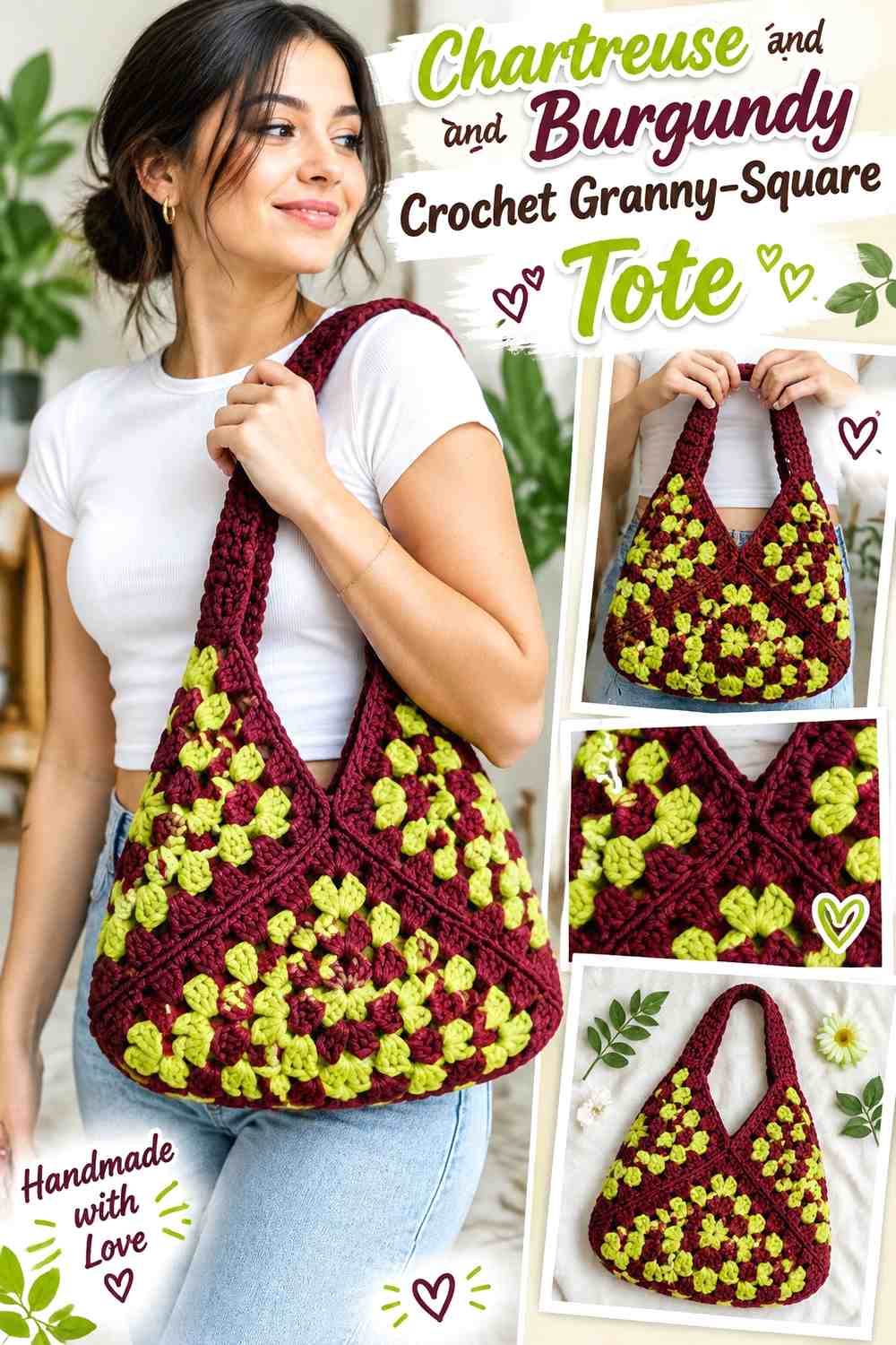 2. Chartreuse And Burgundy Crochet Granny Square Tote