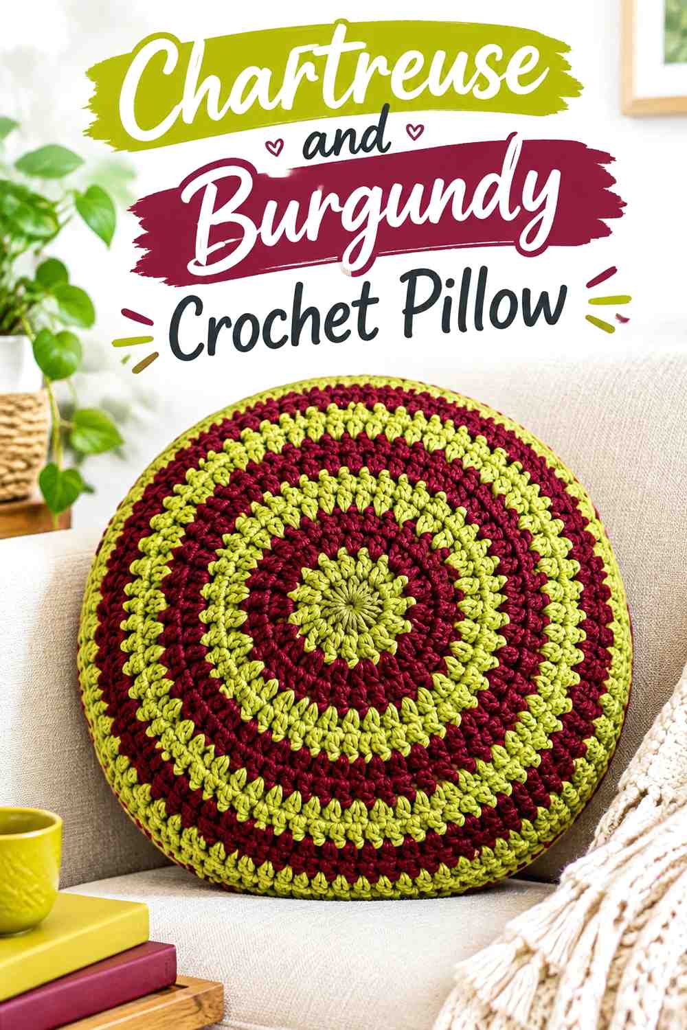 5. Chartreuse And Burgundy Crochet Pillow