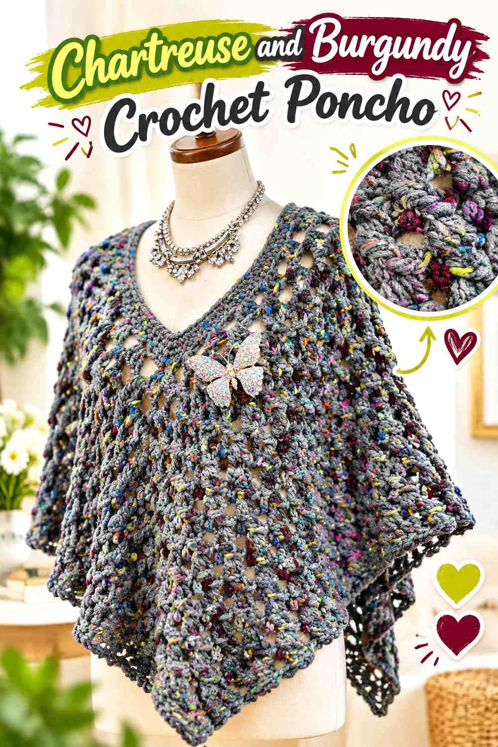 17. Chartreuse And Burgundy Crochet Poncho