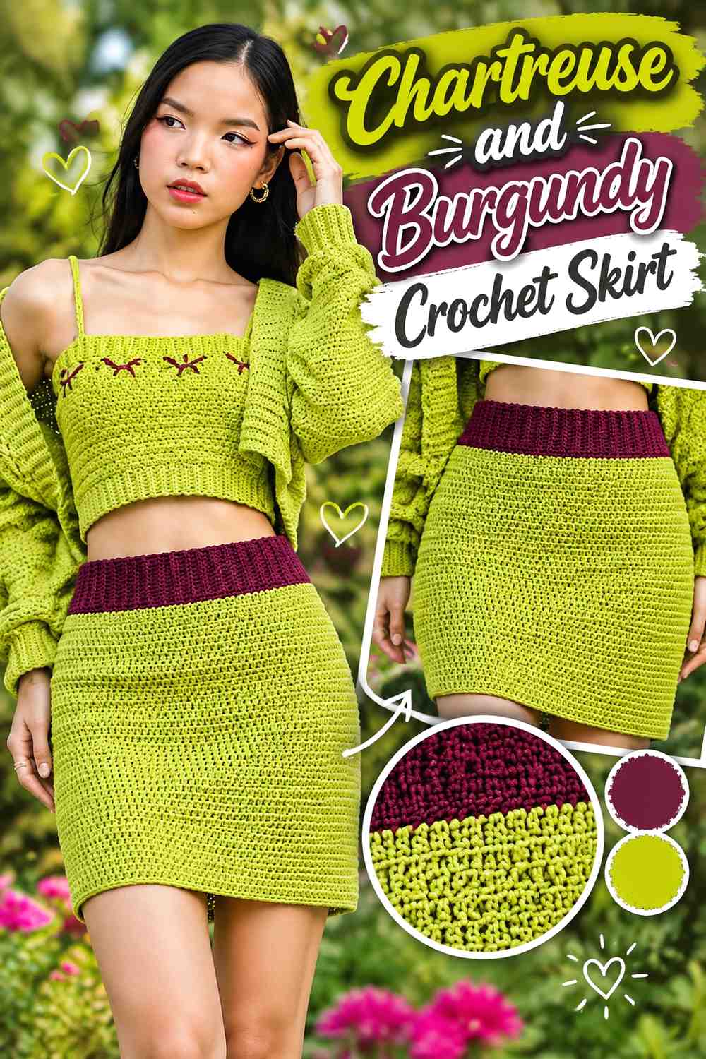 14. Chartreuse And Burgundy Crochet Skirt